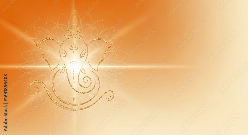Poster golden outline illustration of a revered elephant-headed deity on an orange gradient background with