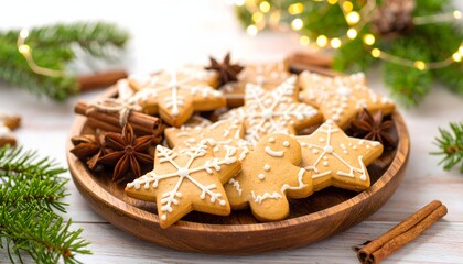 Fototapeta premium Christmas gingerbread cookie platter — iced stars & gingerbread men on wooden board with cinnamon bokeh