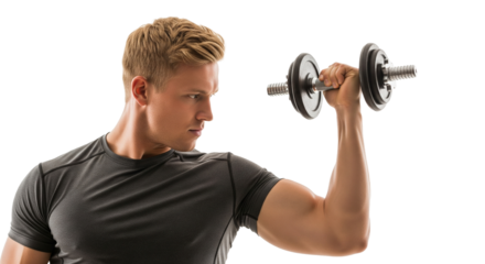 Sportlicher blonder Mann hebt Kurzhantel , transparenter Hintergrund, PNG