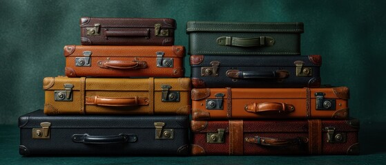 Fototapeta premium The vintage suitcases arranged artistically for aesthetic travel inspiration.