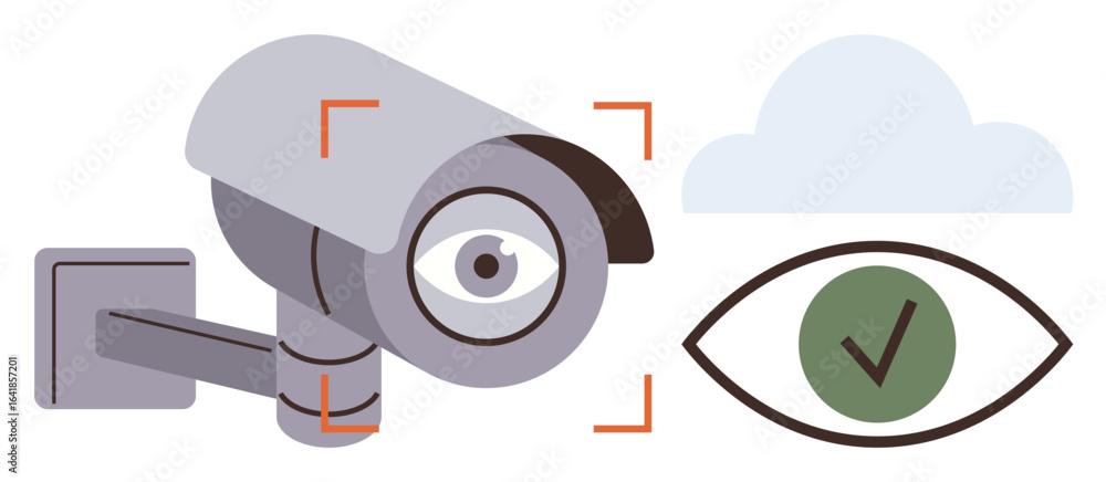 Poster security camera with a focus indicator, eye icon with a green checkmark, and cloud. ideal for securi