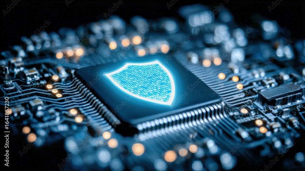 Poster cybersecurity shield on microchip protecting data, network and business information from malware and
