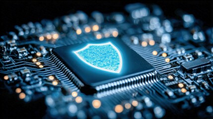 Cybersecurity Shield on Microchip Protecting Data, Network and Business Information from Malware and Threats