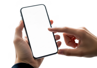 Close up of hands holding and interacting with a modern smartphone with a blank screen isolated on transparent background
