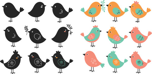 Stylized bird illustrations, black and colorful birds, decorative bird designs, vector art, animal graphics, nature theme, isolated, grid layout