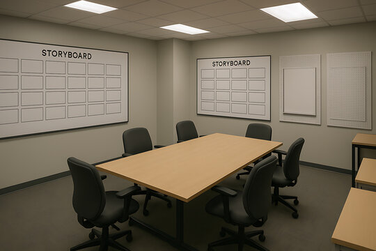 Storyboard meeting room, creative workspace with blank storyboard frames on wall, collaborative office setup for film production, animation planning, video content creation, brainstorming, media proje