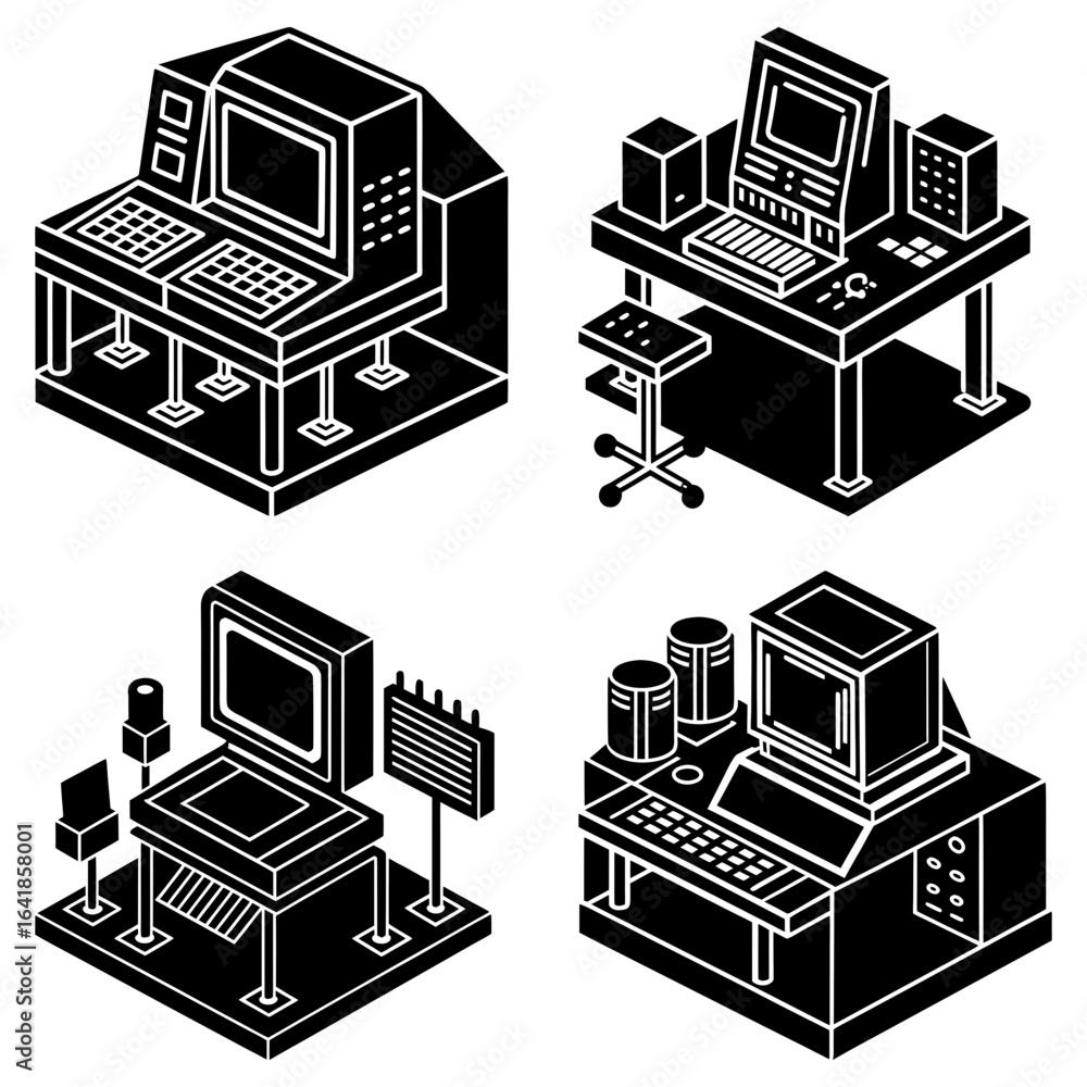 Poster isometric illustrations of retro computer workstations with monitors and keyboards in black and whit