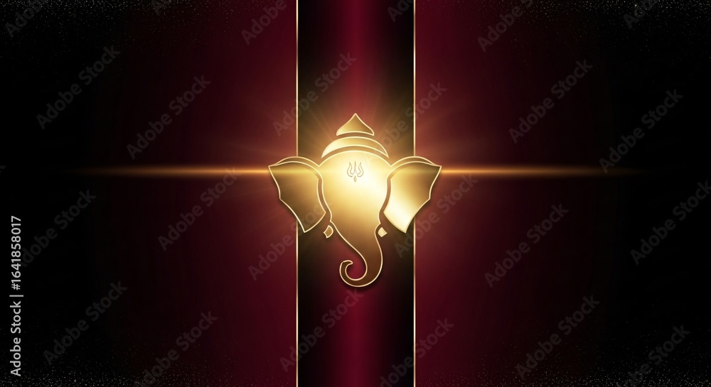 Poster golden elephant head symbol glowing on a deep red background with abstract design and sparkling part