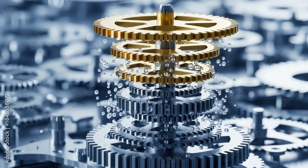 Poster Complex Mechanical System with Gears and Cogs in Motion, Precision Engineering, and Interlocking Parts