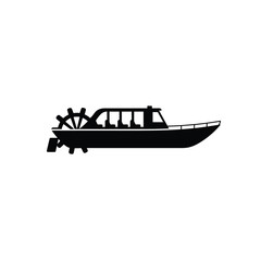 Paddle boat silhouette with cabin and wheel black