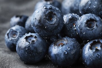 Fresh blueberries glistening with water droplets on a dark surface ready for consumption or culinary use