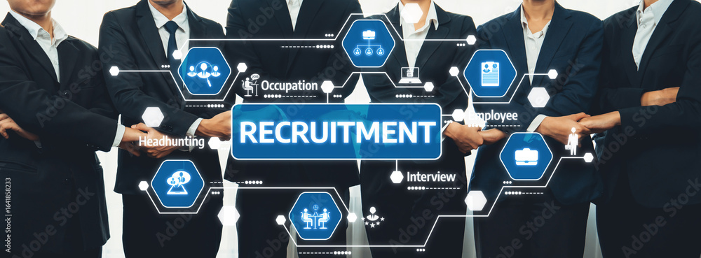 Poster recruitment process and business networking concept featuring diverse professionals in suits engagin