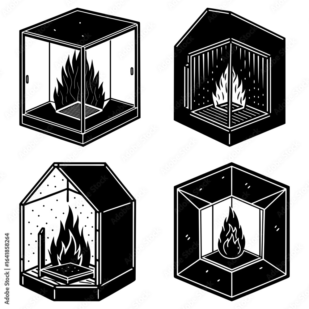 Poster four different styles of fireplaces with visible flames in a black and white isometric view design