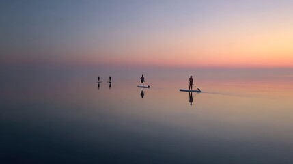 People paddleboarding on calm water at sunset with colorful sky reflections