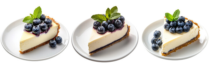 Collection of slice creamy cheesecake topped with fresh blueberries and a mint sprig, elegantly placed on a white plate isolated on a transparent background