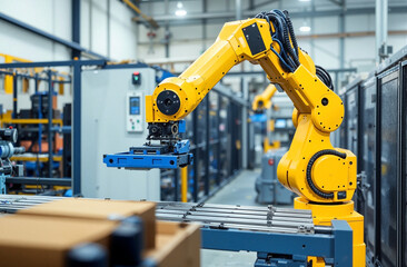 Fototapeta premium Advanced yellow robotic arm operating in modern automated industrial manufacturing production facility