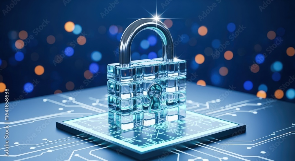 Poster digital security concept: abstract padlock on circuit board illustrating data protection and network