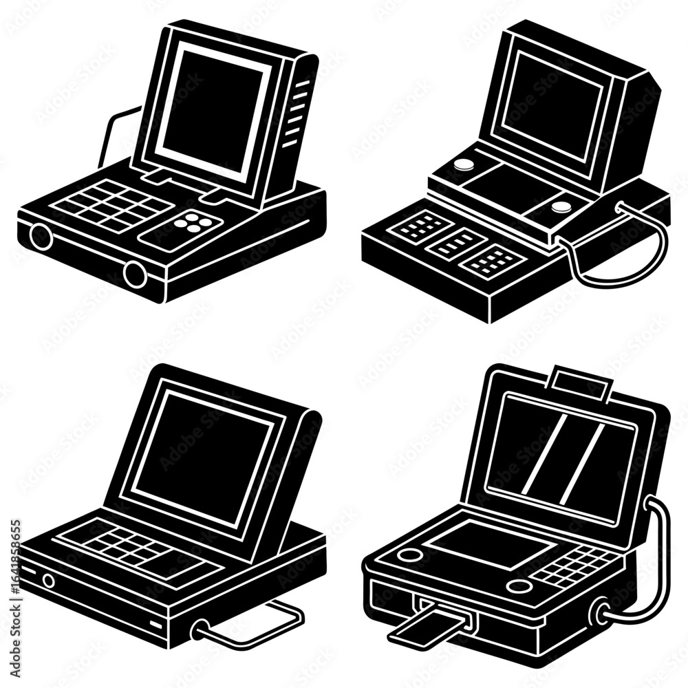 Poster four black and white illustrations of retro portable computers with screens and various input method