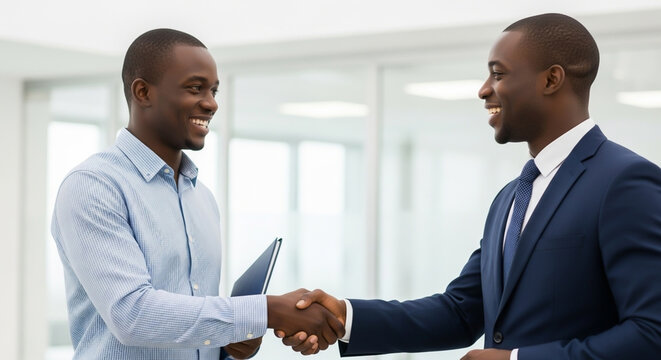 Two Smiling African American Professionals Sealing a Business Deal with a Handshake.