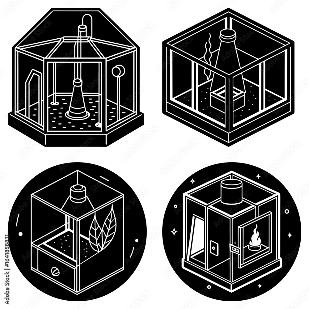 Poster four black and white illustrations of enclosed structures with various internal objects shown
