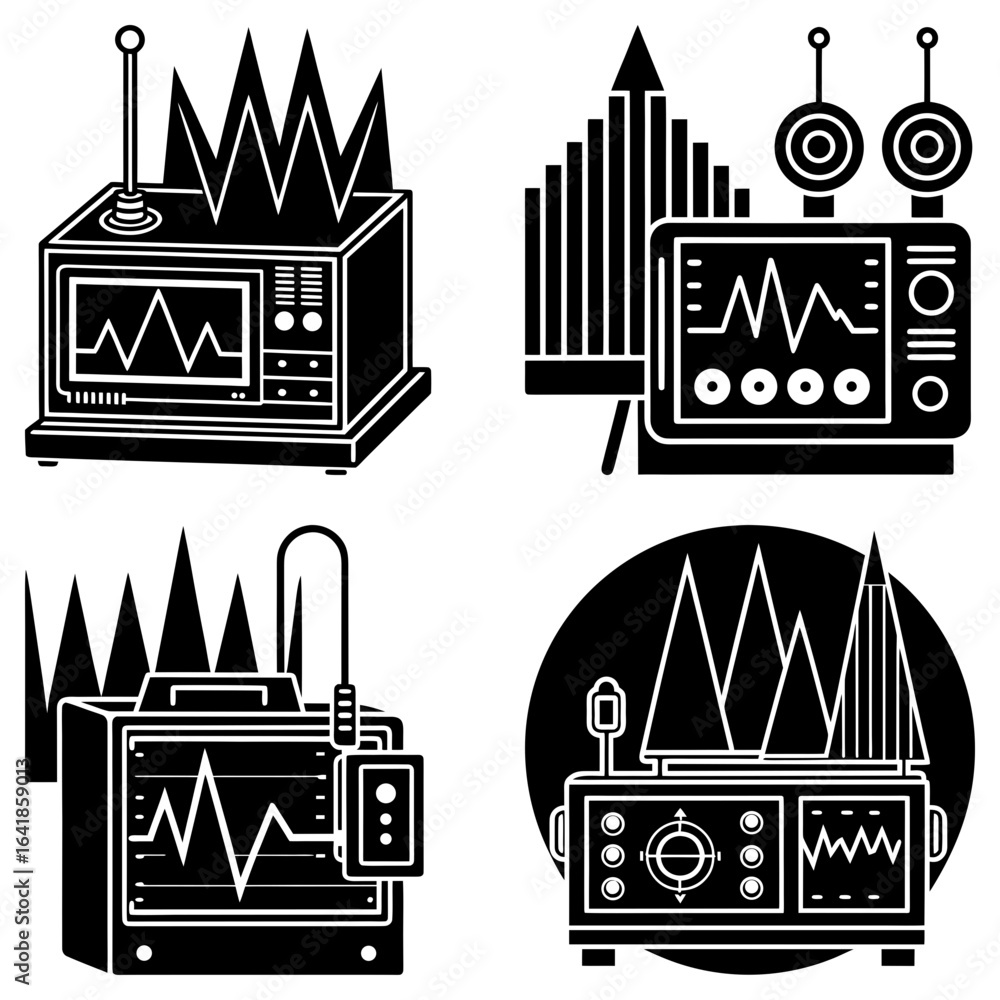 Poster four retro style machines displaying waveforms and antennas with jagged mountain backdrop design ele
