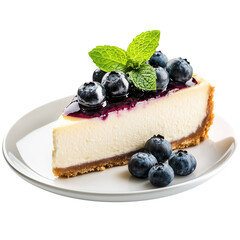 Slice of creamy cheesecake topped with fresh blueberries and a mint sprig, elegantly placed on a white plate isolated on a transparent background
