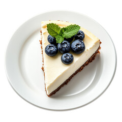 Slice of creamy cheesecake topped with fresh blueberries and a mint sprig, elegantly placed on a white plate isolated on a transparent background