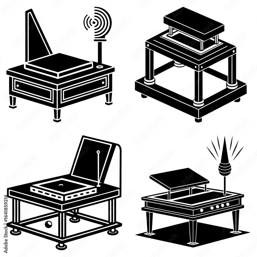 Poster four isometric illustrations of tables with various objects and designs in black and white style