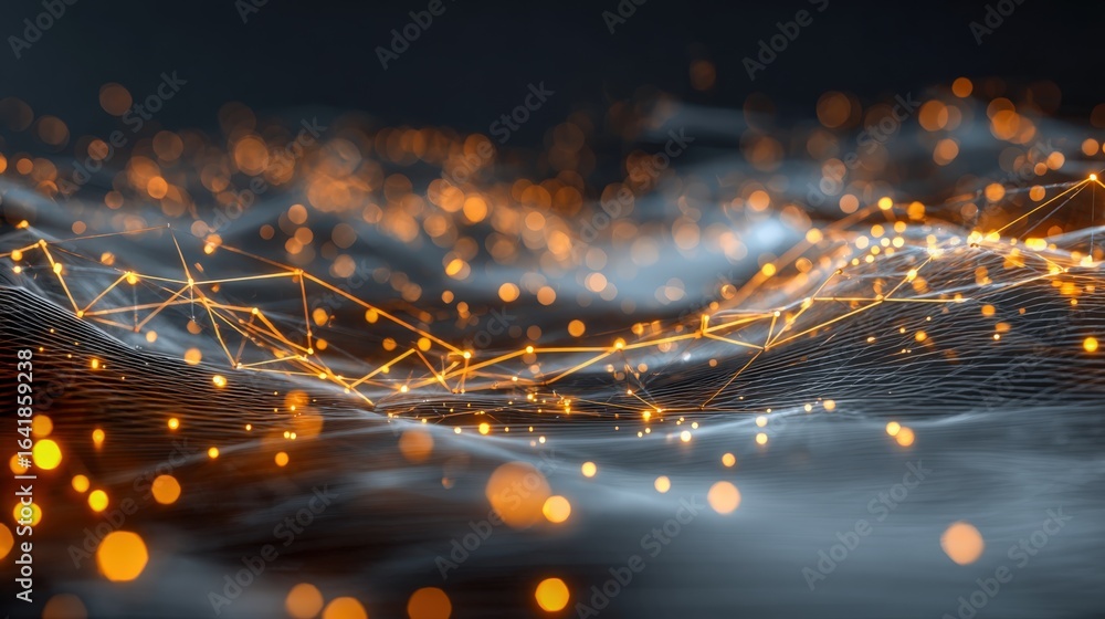 Poster abstract network connection visualization with glowing particles and interconnected lines for techno