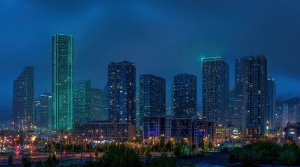 Obraz premium Night Panorama of Downtown Cityscape with Illuminated Skyscrapers and Modern Architecture at Dusk