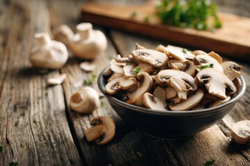 Fototapeta premium Freshly sliced mushrooms in a bowl on a rustic wooden table with kitchen elements in the background