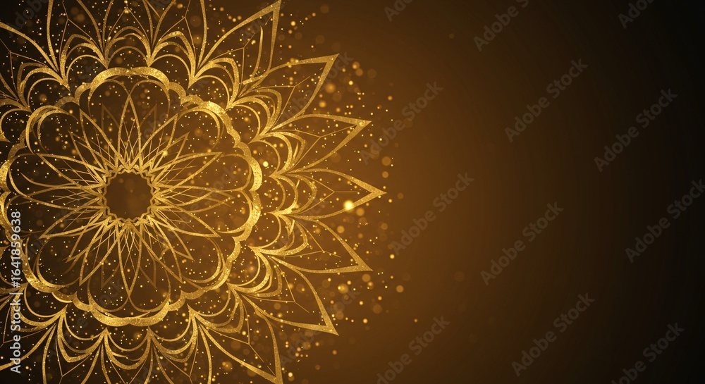 Poster elegant golden mandala pattern with sparkling light particles on a dark background