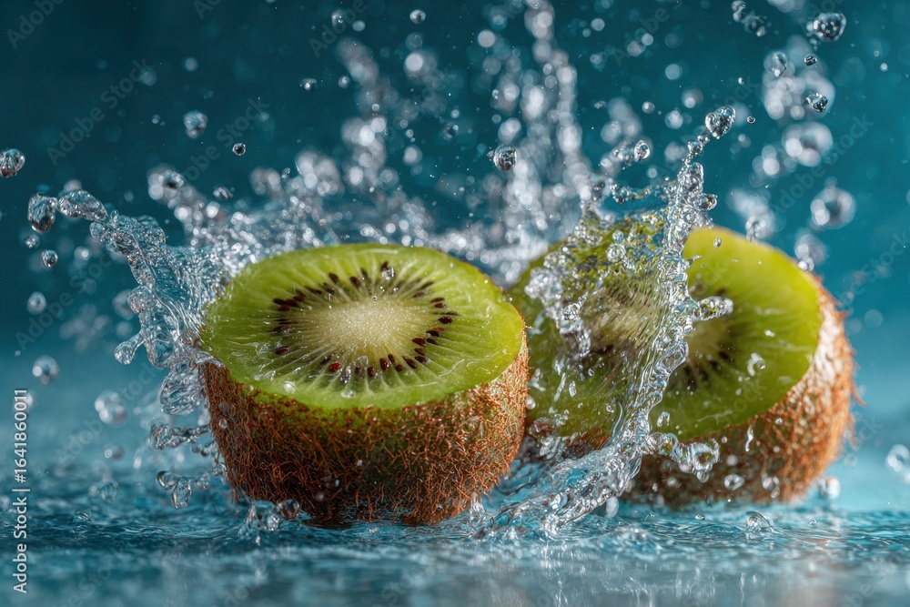 Poster kiwi halves splash into clear water creating a refreshing scene of fruit and motion during a bright 