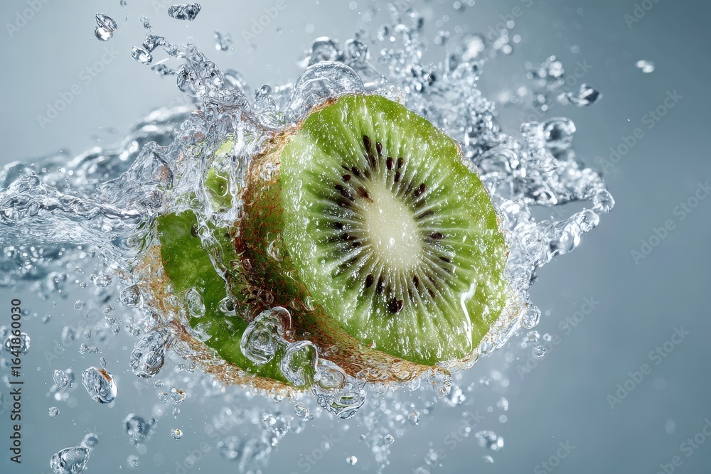 Poster fresh kiwi slice splashing in clear water creates a vibrant and refreshing scene in a bright environ