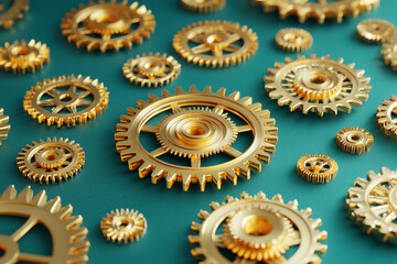 Golden metal gears arranged on green background.