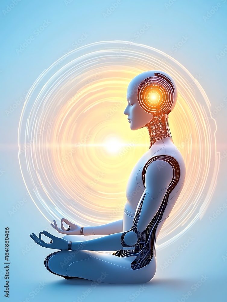 Poster digital robotics adaptive futuristic robot meditating with energy circles and light background