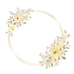 Watercolor yellow pink floral wreath with circle