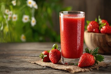 Delicious strawberry smoothie sits on a rustic wooden table surrounded by fresh strawberries in springtime greenery