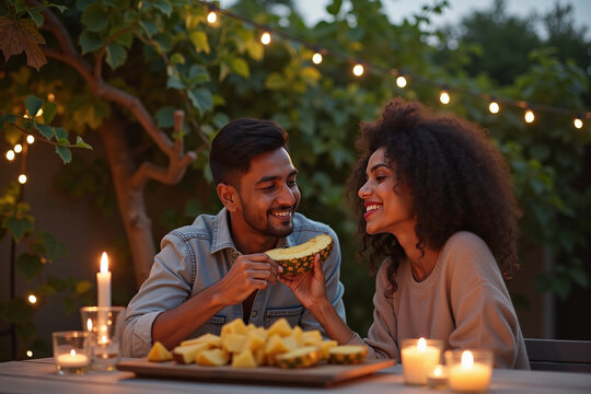 Young couple enjoying dinner outdoors by candlelight in summer  