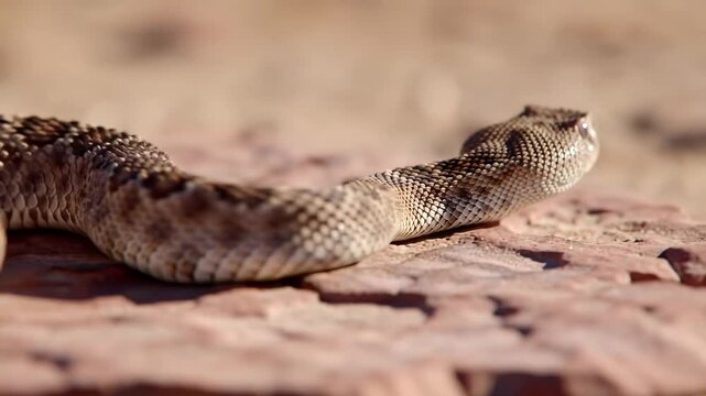 Close-up of a rattlesnake resting on a rocky surface in a desert landscape, showcasing its scales and habitat
