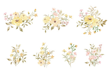 Watercolor yellow pink flower bouquet collection