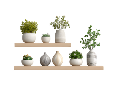 Chic modern decor featuring potted plants and decorative vases arranged stylishly on floating shelves for sophisticated home staging inspiration.