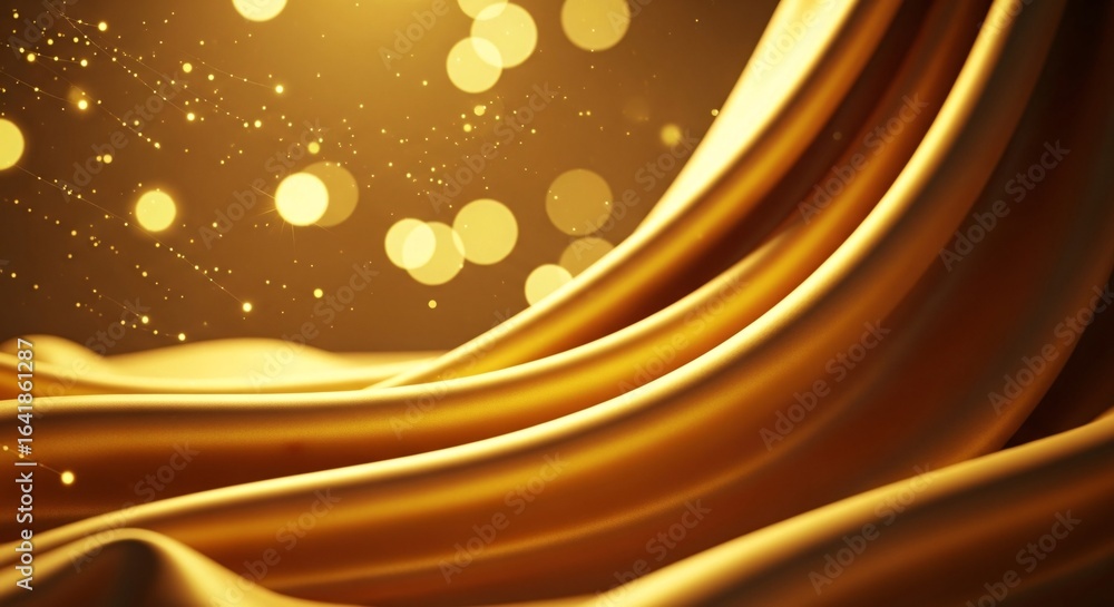 Poster luxurious golden fabric with soft folds and shimmering bokeh lights creates an elegant abstract back