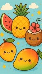 Fototapeta premium Cute tropical fruit characters wallpaper