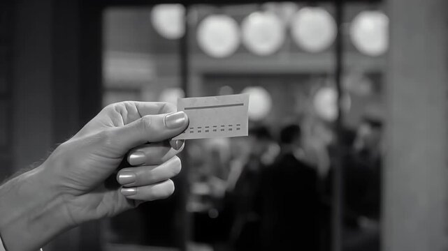 Hand holding a torn movie ticket stub in crowded area  