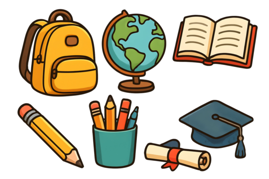 Yellow backpack globe open book pencils graduation cap diploma isolated on a transparent background - Powered by Adobe