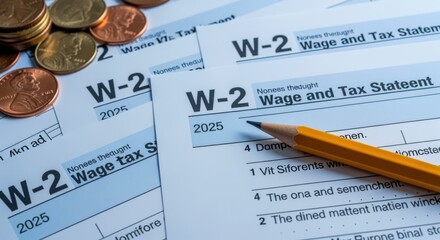 W-2 Tax Form Preparation with Pencil and Coins: Financial Planning and Tax Season Concept