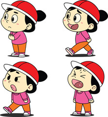 Cute cartoon girl character showing different emotions and actions in colorful outfit, perfect for animation, comic illustration, children’s book, and creative character design projects.