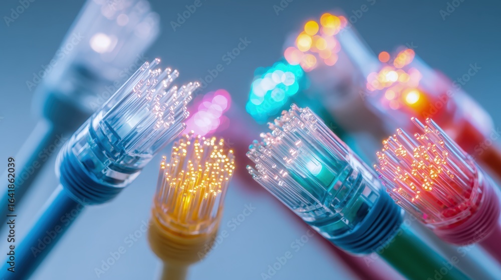 Poster fiber optic cables glowing with transmitting signals: high-speed data transfer and network connectiv