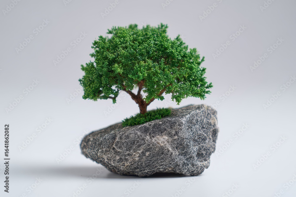 Poster miniature tree perched on a rock representing nature's resilience in a minimalist setting